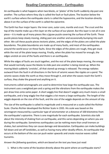 Science-based KS2/KS3 VCOP/Comprehension Worksheets - Earthquakes