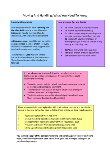 Moving and Handling - Health and Social Care Summary | Teaching Resources