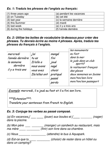 ks3 french holidays and passe compose with avoiretre