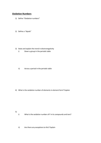Oxidation Numbers | Teaching Resources