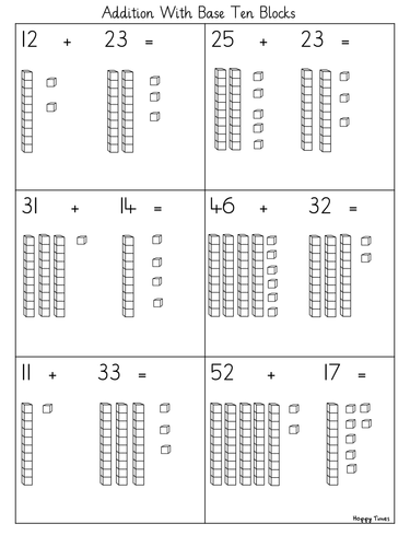 basic 2 digit addition with base ten blocks worksheet teaching resources