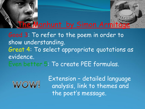 Poetry: The Manhunt by Simon Armitage (powerpoint, worksheet and SA grade charts)
