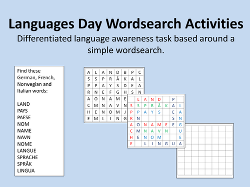 Languages Day/Language awareness wordsearch activities with differentiation