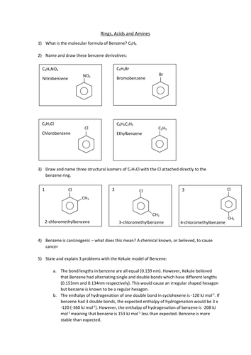 Benzene Revision Questions for new 2015 OCR A Level syllabus. Answers included.