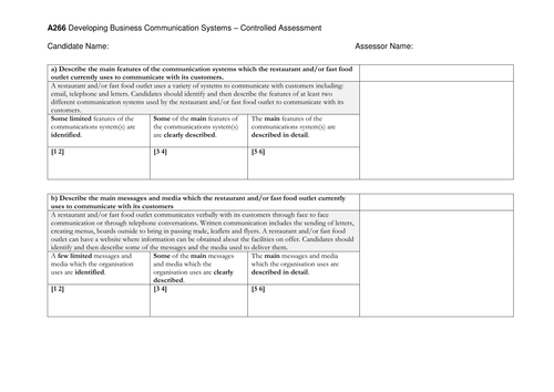 OCR GCSE Business Communications Systems A266 Controlled Assessment Marking Grids