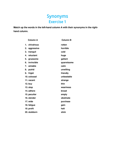 Exercises of Synonyms with Answer Key | Teaching Resources