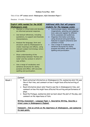 Romeo and Juliet GCSE new specification 9-1 Scheme of work SOW Medium term plan MTP