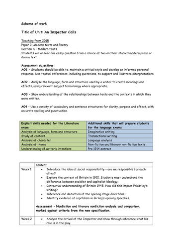 An Inspector Calls New specification GCSE 9-1 Medium term plan MTP SOW with GCSE assessments