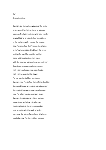 KS3 Poetry - Kid by Simon Armitage Differentiated tasks OFSTED ...