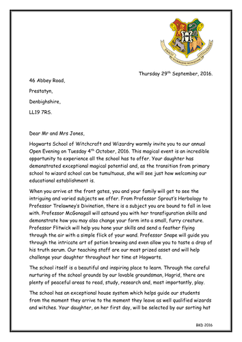 National Reading Test (NRT) Practice Paper - Hogwarts Open Evening - Harry Potter