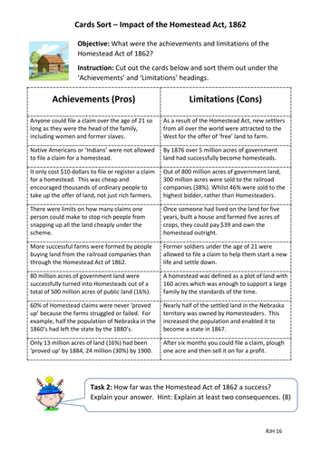 Card Sort: What were the pros and cons of the Homestead Act of 1862?