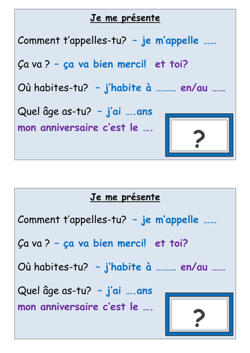 French basics - personal information assessment/self- assessment/peer assessment tasks