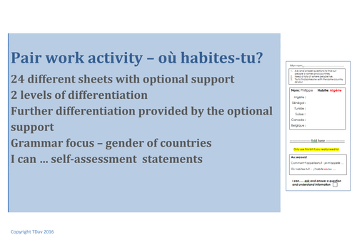 KS2-3 French - differentiated où habites-tu pair work sheets (gender focus)