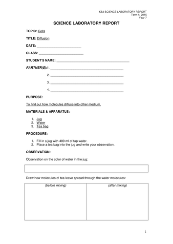 KS3 Science Cells Laboratory Reports | Teaching Resources