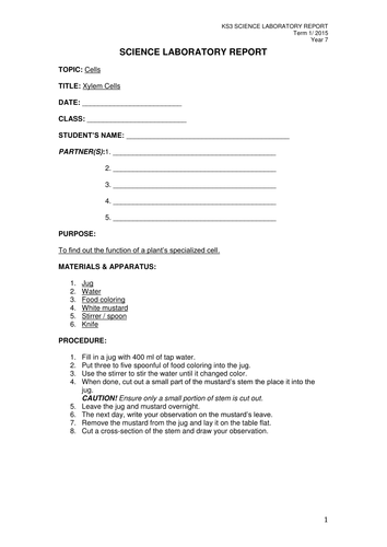 KS3 Science Cells Laboratory Reports | Teaching Resources