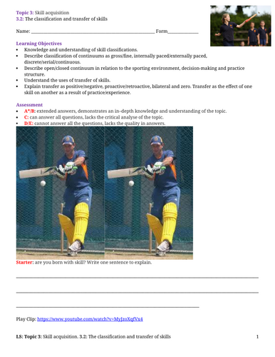 A-level PE EDEXCEL  (Spec 2016) 3.2: The classification and transfer of skills