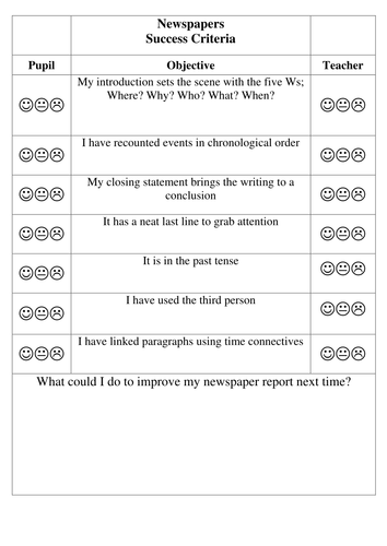 Success Criteria - Newspaper Report