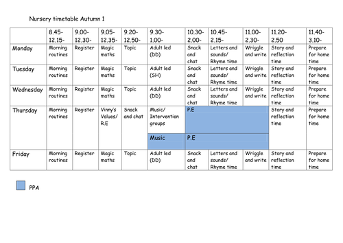 Nursery timetable, Autumn term