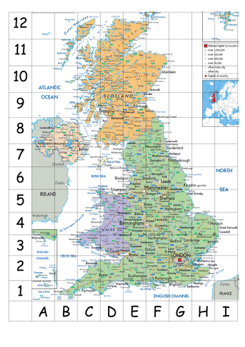 UK map with coordinates and names of cities