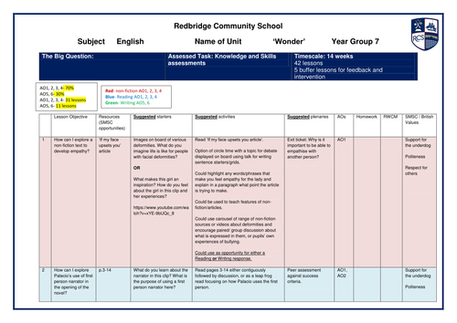 'Wonder' by R. J. Palacio scheme of work (42 lessons)