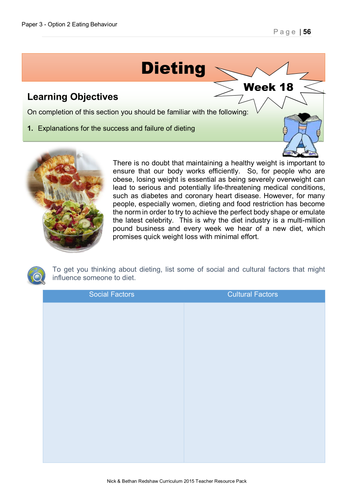 Option 2 Eating Behaviour Week 18 Workbook - Explanations for the Success and Failure of Dieting