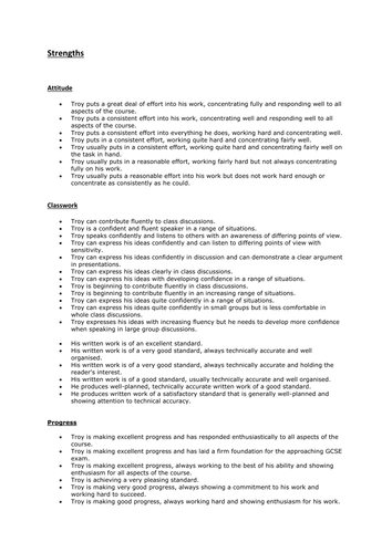 Teacher report writing Comment banks English KS3 KS4