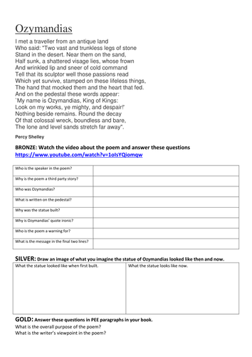 Ozymandias 2 lessons with worksheets, questions and annotations.