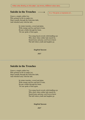 Two complete lessonsYr 8; War Poetry: Ziegfried Sassoon, 1917, Suicide ...