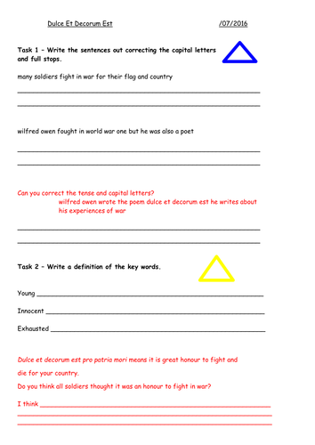 Dulce Et Decorum Est - Low Ability Worksheet