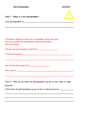 War Photographer - Low Ability Worksheet
