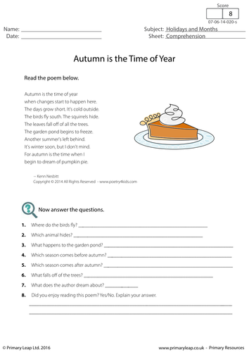 Reading Comprehension - Autumn is the Time of Year | Teaching Resources