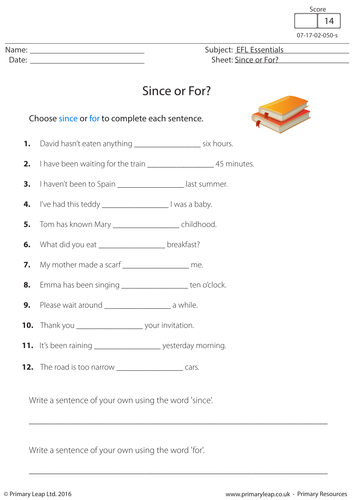 English Worksheet - Since or For? | Teaching Resources