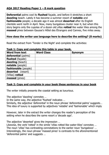 AQA 2017 Reading Paper 1 - Structured worksheet for the 8 mark question