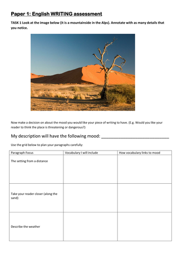 AQA 2017 Paper 1. Structured planning sheet for descriptive writing based on an image.