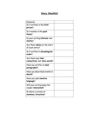 A diary writing checklist