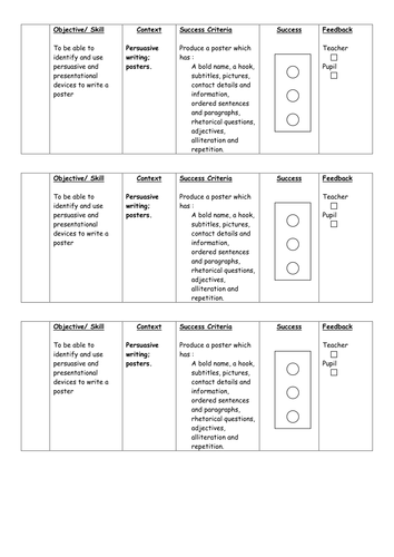 Success criteria slip for poster writing