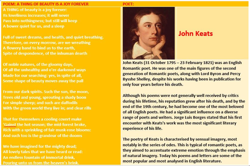 A THING OF BEAUTY BY JOHN KEATS - UNIT PLANS AND RESOURCES | Teaching ...