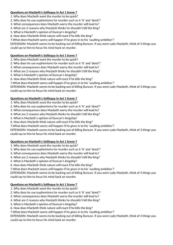 Macbeth Act 1 Scenes 6 and 7 | Teaching Resources