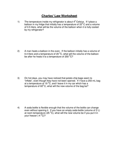 BOYLES AND CHARLES LAW WORKSHEET WITH ANSWERS Teaching Resources