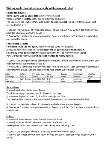 Using Romeo and Juliet to teach complex sentences worksheet