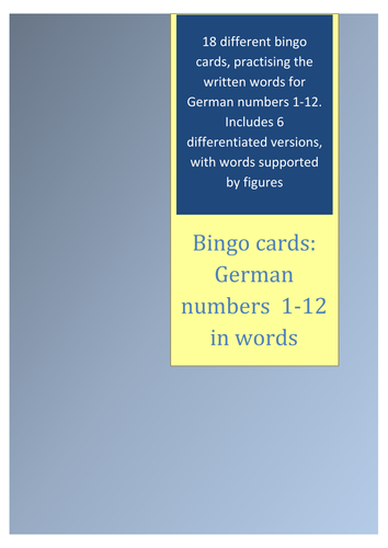 German basics - sets of bingo cards for listening and reading recognition of numbers up to 20