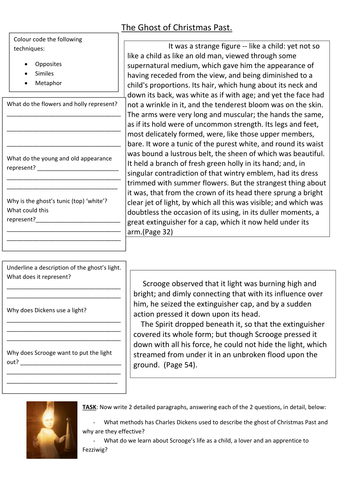 GCSE 'A Christmas Carol' worksheet with questions to annotate the