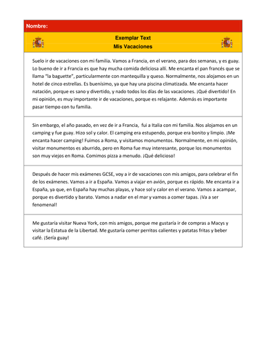 How to do an A Grade GCSE Spanish Writing Controlled Assessment on Holidays