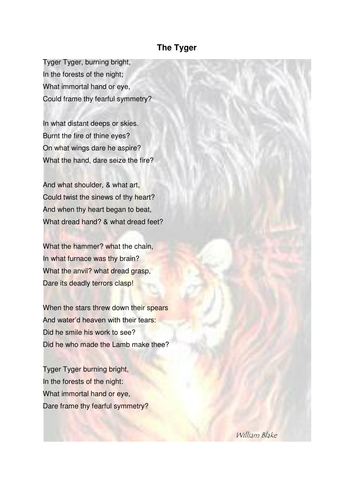 William Blake 'The Tiger/Tyger' poem, tasks and answers by magz2978 ...