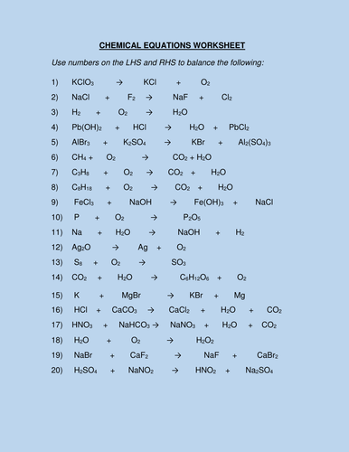 WORD AND CHEMICAL EQUATIONS BALANCING WORKSHEETS WITH ANSWERS