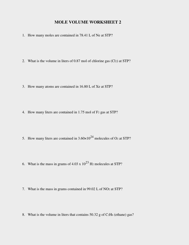 MOLE AND VOLUME CALCULATIONS WORKSHEETS WITH ANSWERS | Teaching Resources