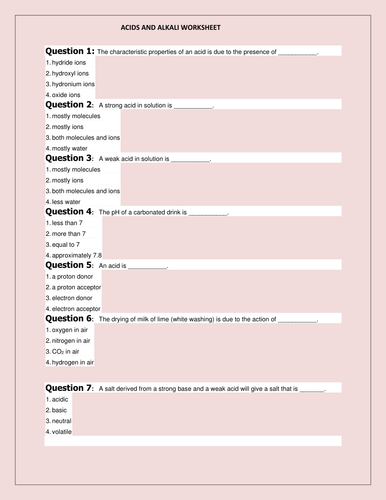 ACIDS, ALKALI WORKSHEET WITH ANSWER