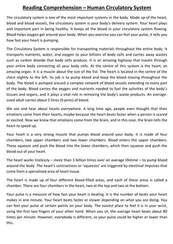 Science-based KS2/KS3 VCOP/Reading Comprehension Worksheets - Human Circulatory System