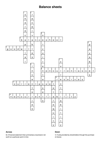 Balance sheets Crossword and answers Teaching Resources