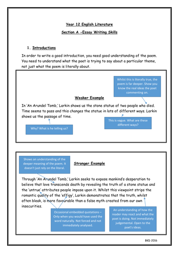 Carol Ann Duffy and Philip Larkin Essay Writing Skills - Introductions and Embedding Quotations